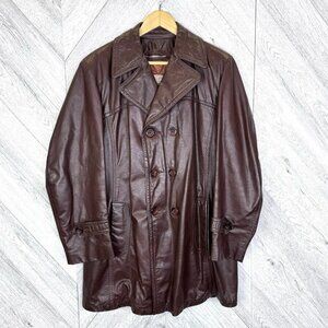 Vintage 70s Sears Mens Store Leather Peacoat Coat Brown Size XL Boho Hipster